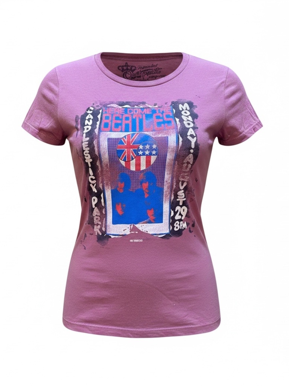 Women's Pink Here Come The Beatles Graphic Tee - tour shirt size Large